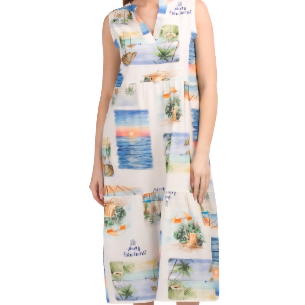 Spighe Di Lino Linen Blend Sleeveless Vacation Print Dress Summer Spring Resort